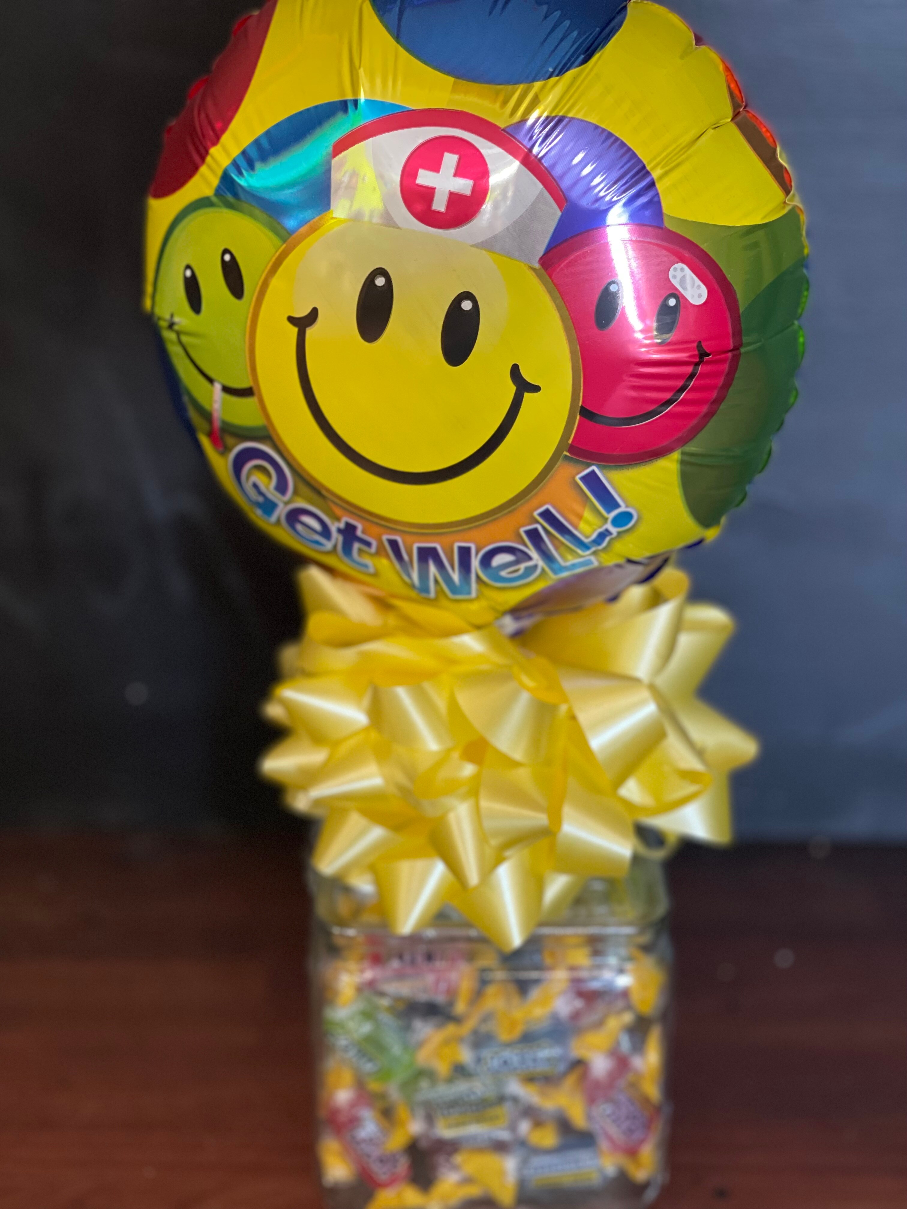 GET WELL MYLAR GLASS CUBE WITH JOLLY RANCHER CANDY